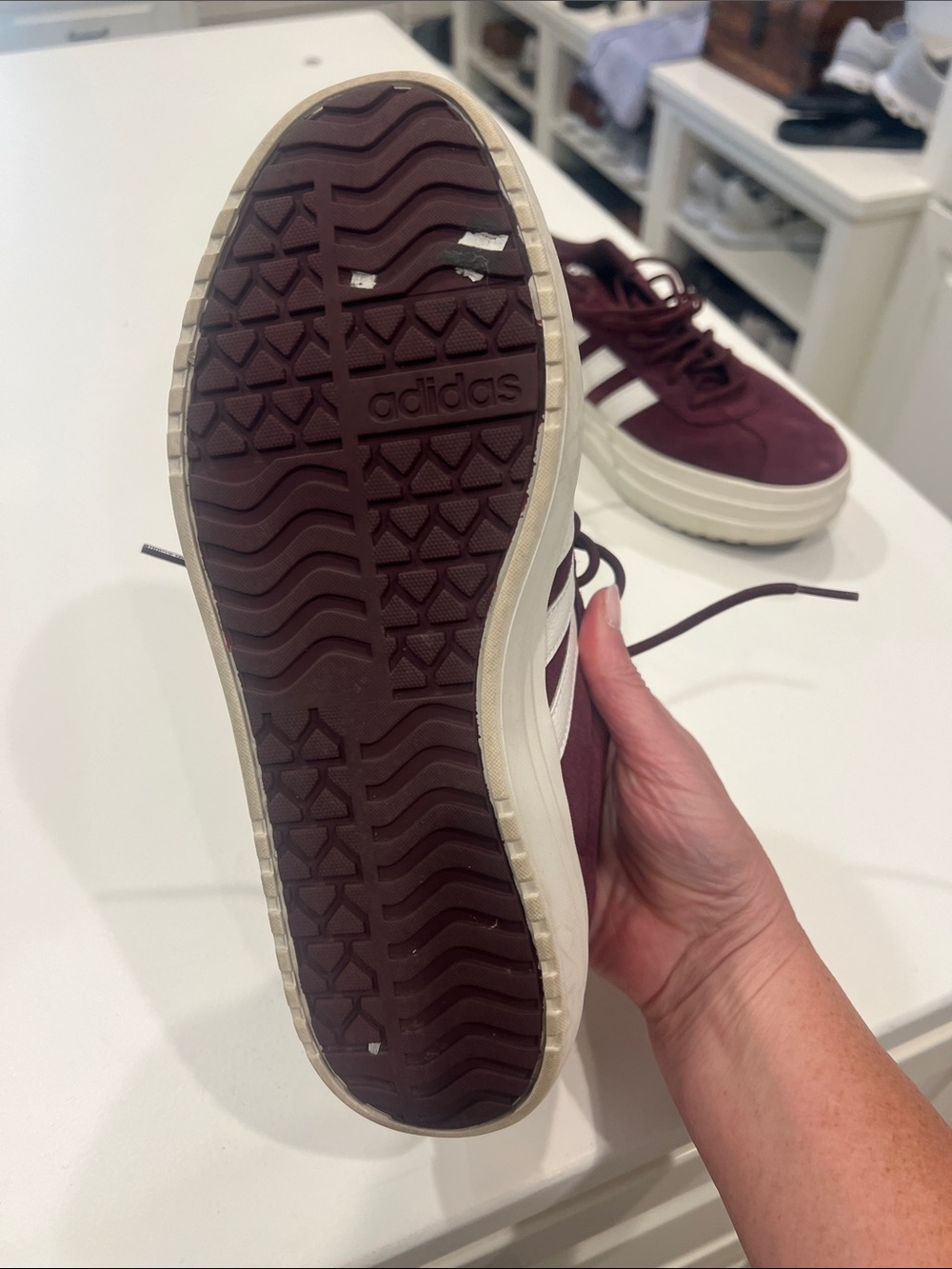 adidas Women’s Burgundy Suede Sneakers with White Stripes - Picture 3 of 5